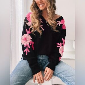 Black Floral V-Neck Long Sleeve Sweater